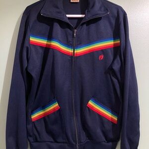 Hang Ten 90s Vintage Navy Zip-Up Sweater Track Jacket Rainbow Stripe XL Unisex